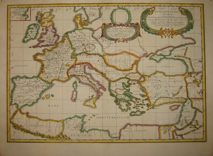 Duval Pierre (1618-1683) Tabula geographica locorum ubi habita sunt Concilia tam generalia quam provincialia, Synodi &c. (La Carte des Conciles...) 1660 Parigi